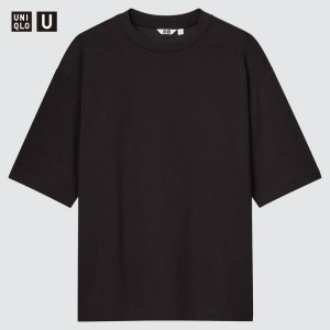 Men's Uniqlo U Airism Cotton Oversized Crew Neck T Shirts Black | QOJW-43856