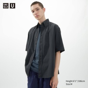 Men's Uniqlo U Casual Fit Short Sleeved (Button-down Collar) Shirts Dark Grey | IRLN-26891