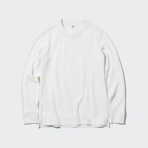 Men's Uniqlo Waffle Crew Neck Long Sleeved T Shirts White | WLPB-98314