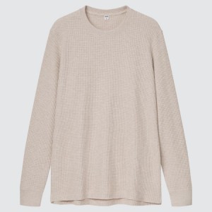 Men's Uniqlo Waffle Crew Neck Long Sleeved (2021 Season) T Shirts Beige | UCRH-38617