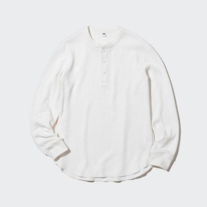 Men's Uniqlo Waffle Henley Neck Long Sleeved T Shirts White | YZAU-82631