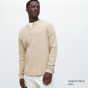 Men's Uniqlo Waffle Henley Neck Long Sleeved T Shirts Beige | LMOF-93825