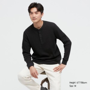 Men's Uniqlo Waffle Henley Tops Black | YMEA-89430