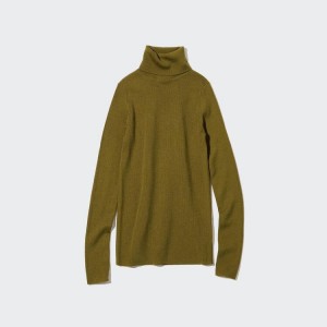 Women's Uniqlo 100% Extra Fine Merino Ribbed Turtleneck Knitwear Olive | CUIV-89371