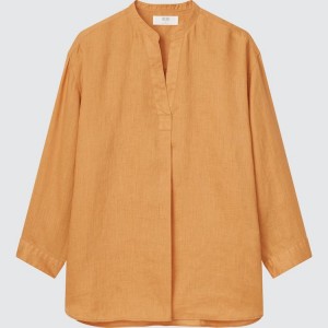 Women's Uniqlo 100% Linen Skipper Collar 3/4 Sleeved Shirts Orange | XCUO-83659