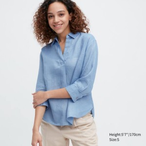 Women's Uniqlo 100% Premium Linen Skipper Collar 3/4 Sleeved Shirts Blue | DJHI-08619