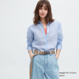 Women's Uniqlo 100% Premium Linen Striped Long Sleeved Shirts Light Blue | JVYC-83702