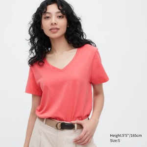 Women's Uniqlo 100% Supima Cotton V Neck Short Sleeved T Shirts Pink | RKVM-28540