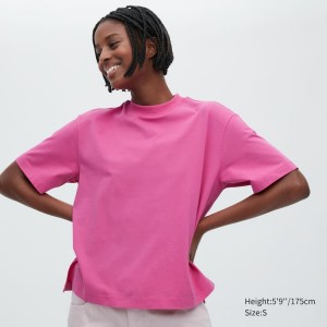 Women's Uniqlo Airism Cotton Short Sleeved T Shirts Pink | UKJV-68135