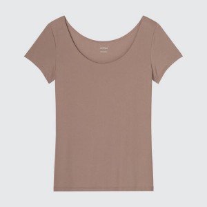 Women's Uniqlo Airism Scoop Neck Short Sleeve T Shirts Brown | SMJX-43261