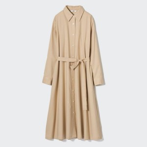 Women's Uniqlo Cotton A-line Long Sleeved Dress Beige | KQUV-71598