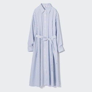 Women's Uniqlo Cotton A-line Striped Long Sleeved Dress White | RYFI-06782