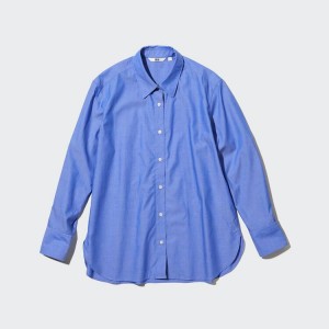 Women's Uniqlo Cotton Chambray Long Sleeved Shirts Blue | CKXH-45729