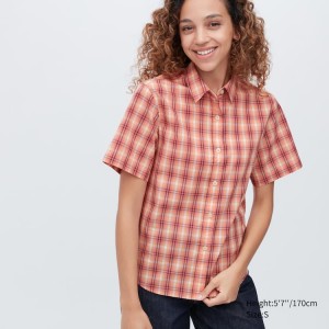 Women's Uniqlo Cotton Checked Short Sleeved Shirts Pink | OYAN-90156