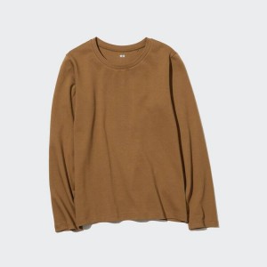 Women's Uniqlo Cotton Crew Neck Long Sleeve T Shirts Brown | VQAO-76985