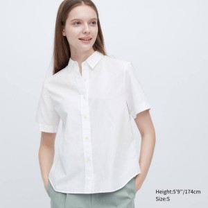 Women's Uniqlo Cotton Short Sleeved Shirts White | CNYZ-46079