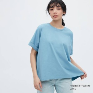 Women's Uniqlo Cotton Sleeve T Shirts Blue | WLCH-28147