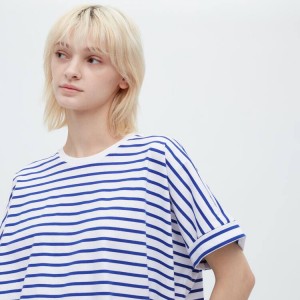 Women's Uniqlo Cotton Striped French Sleeved T Shirts White / Blue | JISV-36015