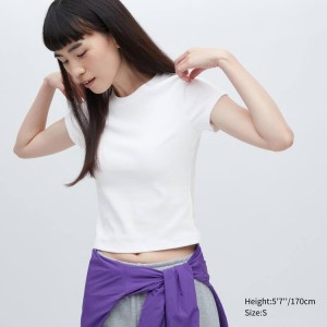 Women's Uniqlo Cropped Fit Short Sleeved T Shirts White | XHRQ-37416