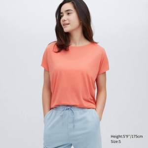 Women's Uniqlo Drape Boat Neck Short Sleeved T Shirts Orange | SGXK-39540