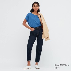 Women's Uniqlo Drape Boat Neck T Shirts Blue | LTFM-89715