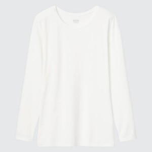 Women's Uniqlo Heattech Crew Neck Long Sleeved Thermal Tops White | ZXWG-19586