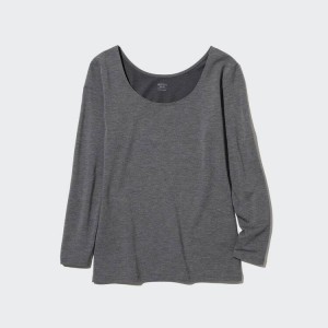 Women's Uniqlo Heattech Extra Warm Cotton Scoop Neck Long Sleeved Thermal Tops Dark Grey | HCXE-40753