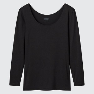 Women's Uniqlo Heattech Scoop Neck Long Sleeved Thermal Tops Black | TGRU-69512