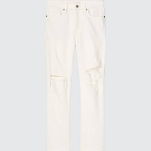 Women's Uniqlo High Rise Slim Fit Straight Leg Ankle Length Distressed Jeans White | VNME-35240