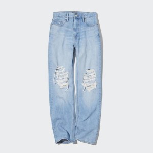 Women's Uniqlo High Rise Straight Leg Distressed Jeans Blue | NVXB-48530