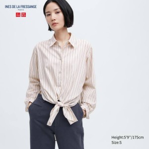 Women's Uniqlo Ines De La Fressange Cotton Silk Blend Oversized Long Sleeved Shirts Beige | DUVX-57298