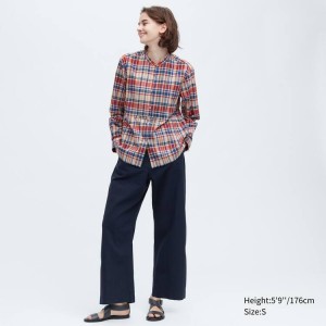 Women's Uniqlo Ines De La Fressange Linen Cotton Blend Pintucked Long Sleeved Shirts Blue / Red | NCUL-23458