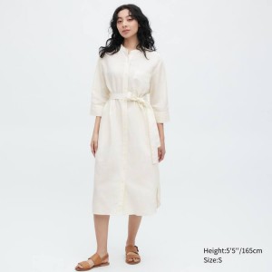 Women's Uniqlo Linen Blend 3/4 Sleeved Dress White | IOHG-27968