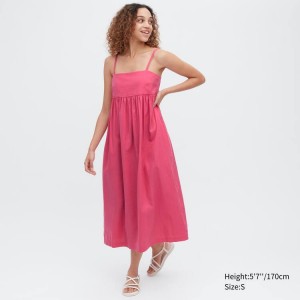 Women's Uniqlo Linen Blend Gathered Camisole Dress Pink | IORS-39215