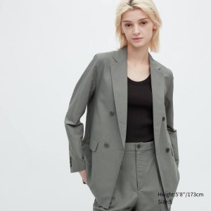 Women's Uniqlo Linen Blend Jackets Olive | FGUK-80473