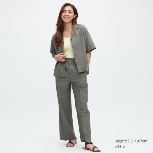 Women's Uniqlo Linen Blend Pleated Wide Leg Trousers Olive | DSBU-60914