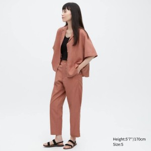 Women's Uniqlo Linen Cotton Blend Tapered Trousers Brown | NJXY-18042