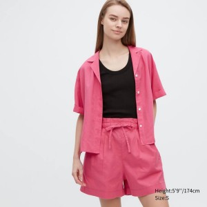 Women's Uniqlo Linen Cotton Shorts Pink | VSEM-76498