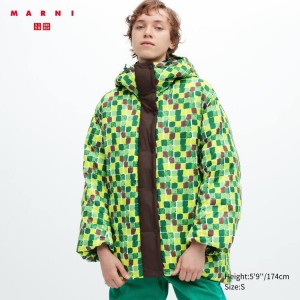 Women's Uniqlo Marni Down Printed Oversized Coats Green | YQFI-89762