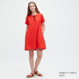 Women's Uniqlo Mercerised Cotton Short Sleeved Mini Dress Red | WFNM-73520