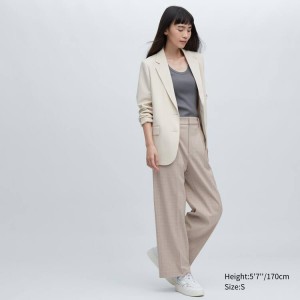 Women's Uniqlo Pleated Checked Wide Leg Trousers Beige | YJDO-45037