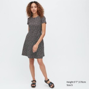 Women's Uniqlo Printed Short Sleeved Flared Dress Black | UZQA-09175