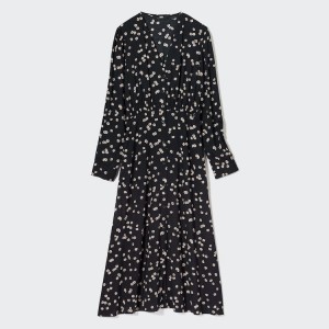 Women's Uniqlo Printed V Neck Flared Long Sleeved Dress Black | MGAS-60829