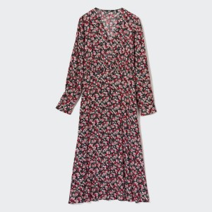 Women's Uniqlo Printed V Neck Flared Long Sleeved Dress Pink | CRKX-75098