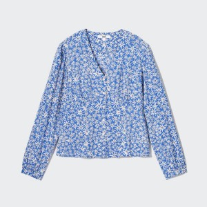 Women's Uniqlo Printed V Neck Long Sleeved Blouse Blue | LFSD-94571