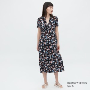 Women's Uniqlo Printed V Neck Short Sleeved Flared Dress Black | XMTG-21507