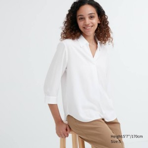 Women's Uniqlo Rayon 3/4 Sleeve Blouse White | HZSK-17350