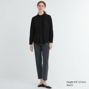 Women's Uniqlo Rayon Pintuck Long Sleeved Blouse Black | DQZW-15783