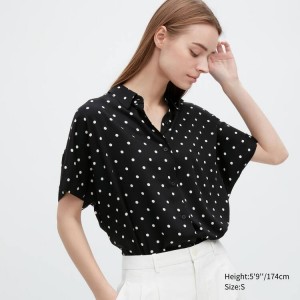 Women's Uniqlo Rayon Short Sleeve Blouse Black | HVEI-60571