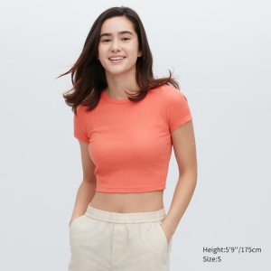 Women's Uniqlo Ribbed Cropped Crew Neck T Shirts Orange | KRGE-70234